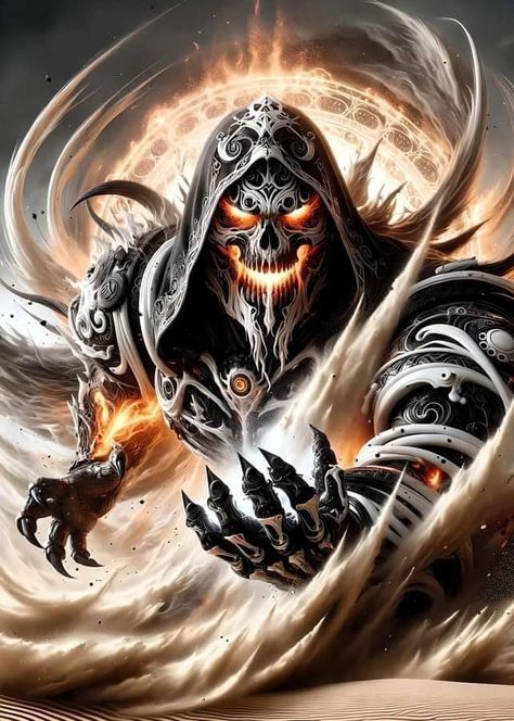 Indra Naruto, Nightmare Creatures, Darksiders Horsemen, Dark Angel Tattoo, Colorful Skull Art, Ghost Rider Pictures, Grim Reaper Tattoo, Grim Reaper Art, Dark Fantasy Artwork