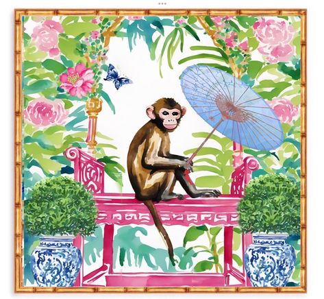 Preppy Chic Style, Chinoiserie Garden, Chinoiserie Prints, Chinoiserie Panels, Modern Chinoiserie, Chinoiserie Art, Art Chinois, Whimsical Watercolor, Monkey Print