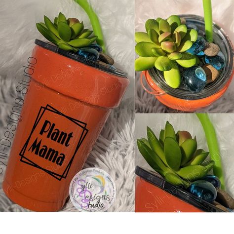 flower pot shaped tumbler , and plant topper with rocks and crystals Plant Tumbler, Snow Globe Crafts, Tumbler Cups Personalized, Plant Mama, Mama Tumbler, Plant Crafts, Glitter Tumbler Cups, Custom Tumbler Cups, Tumbler Cups Diy