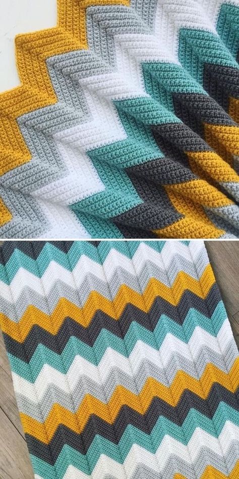 Crocheted Chevron Blanket Pattern, Yellow Grey And White Crochet Blanket, Grey And Yellow Crochet Blanket, Knitted Blanket Color Ideas, Free Chevron Crochet Pattern Blanket, Green And Yellow Crochet Blanket, Crochet Zigzag Blanket, Crochet Blanket Yellow, Afghan Color Combinations