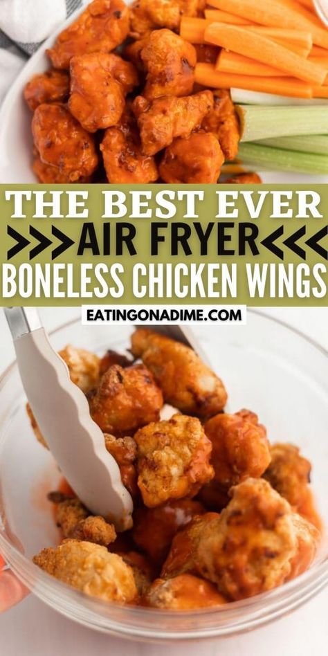 Air Fryer Boneless Chicken Wings, Air Fryer Chicken Wings Frozen, Air Fryer Boneless Wings, Boneless Chicken Wings Recipe, Air Fryer Easy Recipes, Boneless Wing Recipes, Wings In Air Fryer, Air Fry Chicken Wings, Boneless Chicken Wings