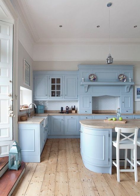 Springtime is the season for pastel colors and today's featured color is powder blue paired with natural wood in a handcrafted kitchen. Country Cabinet, Pastel Kitchen, Blue Kitchen Cabinets, French Country Kitchens, Kitchen Cabinet Styles, Cabinet Kitchen, Casa Vintage, Country Style Kitchen, Blue Cabinets