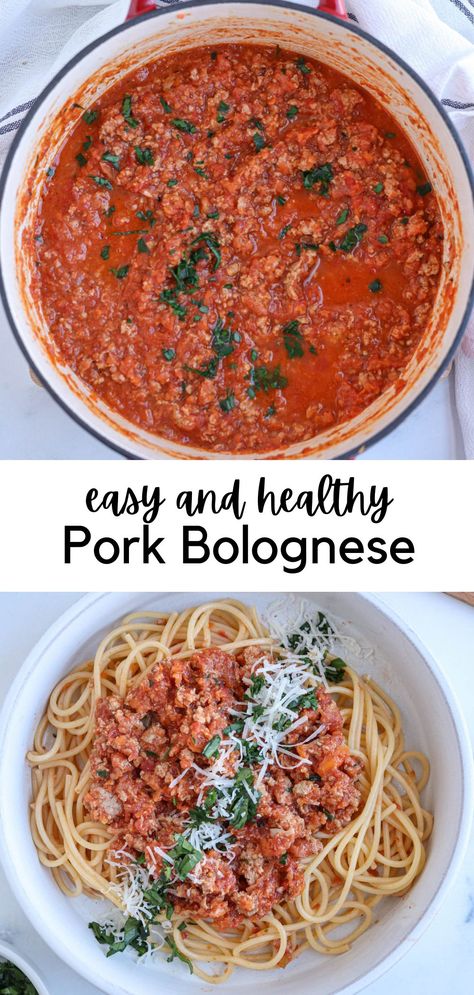 pork bolognese sauce in a pot and over spaghetti in a bowl. Pork Pasta Sauce, Ground Pork Spaghetti Sauce, Italian Ground Pork Recipes, Ground Pork Recipes Easy Healthy, Pasta With Ground Pork, Ground Pork Recipes For Dinner Pasta, Ground Pork Recipes For Dinner Healthy, Ground Pork Meals, Ground Pork Dinner Ideas