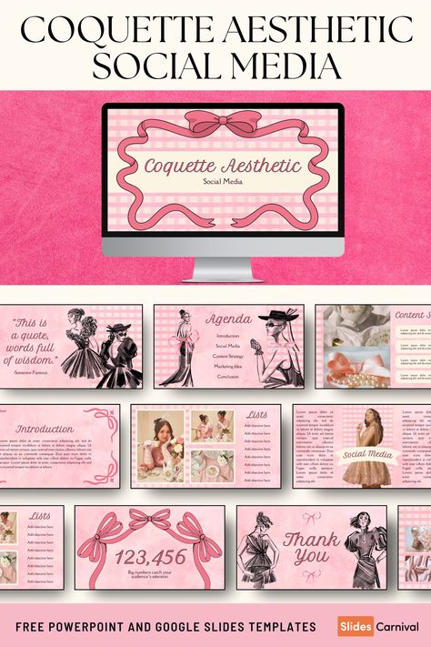 Bring a touch of vintage charm to your social media content with our Coquette Aesthetic Social Media Slides. Crafted for everyone, this classic and pink-themed slideshow template is perfect for influencers, small business owners, and content creators looking to captivate their audience. Use it to showcase your latest updates, new products, or engaging stories with style and elegance. Hello Kitty Presentation Template, Y2k Slides Presentation, Y2k Slide Template, Posters Templates Design, Pink Canva Template, Preppy Slideshow Template, Graphic Design Slides, Canva Slides Template, Coquette Google Slides