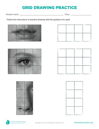 Grid Drawing Practice - FLEX Resource Drawing Eyes Practice, Art Class Elementary School, How To Grid Drawing, Teaching Portrait Drawing, Art Worksheets Printables High School, Free Grid Drawing Printables, Drawing Practice Worksheet, Basics Of Drawing Art Lessons, Grid Drawing Practice Worksheet