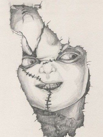 Chuky Doll Drawing, Chucky Drawing Tattoo, Movie Character Drawings Pencil, Horror Movie Drawing Ideas, How To Draw Chucky, Horror Movie Drawings Pencil, Sinister Drawings, Chucky Drawing Pencil, Chucky Doll Drawing