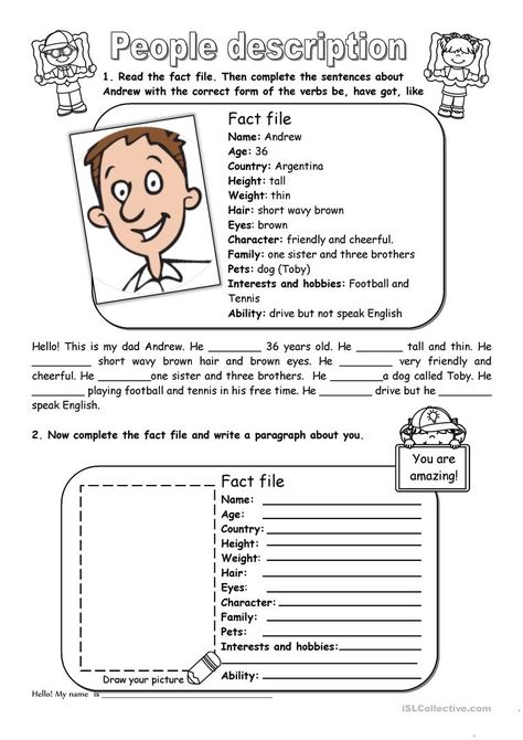 People Description - English ESL Worksheets for distance learning and physical classrooms Describing People Worksheet For Kids, Describing People Worksheet, Adjectives To Describe Personality, Adjectives To Describe People, Personality Adjectives, Descriptions Of People, Describing People, Character Worksheets, Character Activities