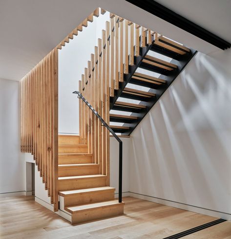 Platform Stairs Interiors, Stairs Up And Down Side By Side, Stairs Open On Both Sides, Black Metal Siding, Open Staircase To Basement, Contemporary Staircase Design, Winder Stairs, Storage Closets, Australia House