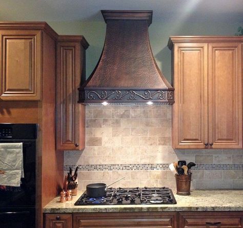 Traditional Style "Venetian" Copper Range Hood Copper Kitchen Hood, Olive Green Paints, Kitchen Copper, Copper Hood, Copper Range, Copper Range Hood, Kitchen Exhaust, Custom Range Hood, Kitchen Range Hood