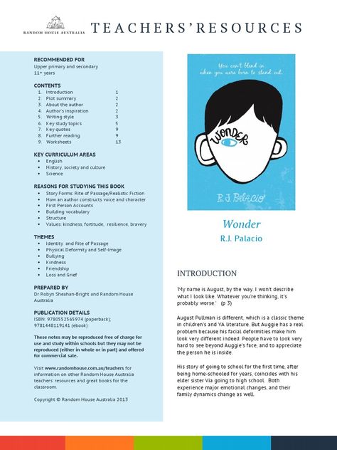 Wonder Teaching Notes Wonder Novel Activities, Wonder Book Activities, Teaching Wonder, Middle School Esl, Wonder Novel, Wonder Activities, Group Questions, Novel Activities, House Australia