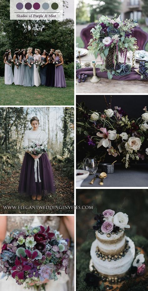 shades of purple and sage green whimsical woodland wedding colors Lilac And Emerald Green Wedding, Plum And Forest Green Wedding, Purple Emerald Wedding, Emerald Green And Dark Purple Wedding, Deep Purple And Green Wedding, Purple And Emerald Wedding, Purple And Emerald Green Wedding, Plum And Sage Wedding, Emerald And Purple Wedding