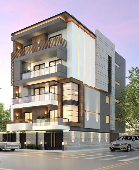 G 4 Building Elevation, 3 Story Commercial Building Design, 4 Story Building Elevation, G+5 Elevation Design, G 4 Front Elevation Design, Open Courtyard, Front Building Design, Builder Floor, Indian House Exterior Design