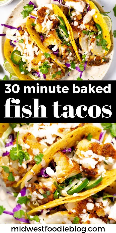 Fish Tacos Oven Baked, Sea Bass Taco Recipes, Sheet Pan Fish Tacos, Tapia Fish Recipes, Haddock Fish Tacos, Lime Cream Sauce, Baked Haddock Recipes, White Fish Recipes Baked, Baked Grouper