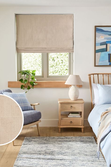 Our linen look roman blind will instantly uplift any room. This ready-to-hang blind boasts a textured finish and with the handy blackout lining, you'll be kept cosy in winter, cool in summer, and enjoy peace from outside light. Dry clean only. Main 60% Recycled polyester, 35% Polyester, 5% Linen. Lining 100% Recycled polyester with acrylic backing. Sheer Blinds Bedroom, Blinds In Bedroom Window, Bedroom Window Furnishings, Roman Blinds Nursery, Roman Blinds In Kitchen, Cloth Blinds For Windows, Japandi Window Blinds, Bedroom Blinds And Curtains, Blinds In Bedroom