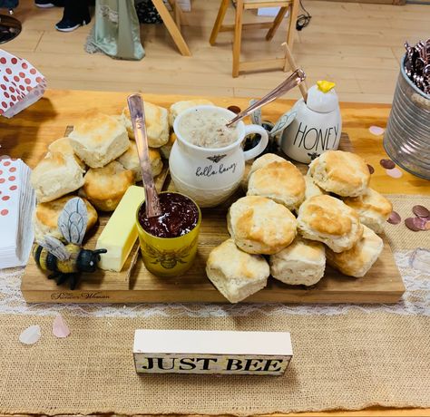 Bee Themed Grazing Table, Biscuits And Gravy Charcuterie Board, Bee Themed Breakfast, Honey Themed Charcuterie Board, Honey Charcuterie Board, Good To Bee Three, Biscuit Charcuterie Board, Bee Themed Brunch, Honey Bee Charcuterie Board