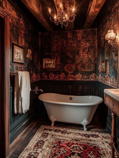 Gothic Americana Bathroom Design Dark Castle Bathroom, Dark Cottage Bathroom, Dark Boho Bathroom Ideas, Dark Cozy Bathroom, Moody Boho Bathroom, Dark And Moody Bathrooms, Dark Boho Bathroom, Moody Bathroom Decor, Dark Moody Home