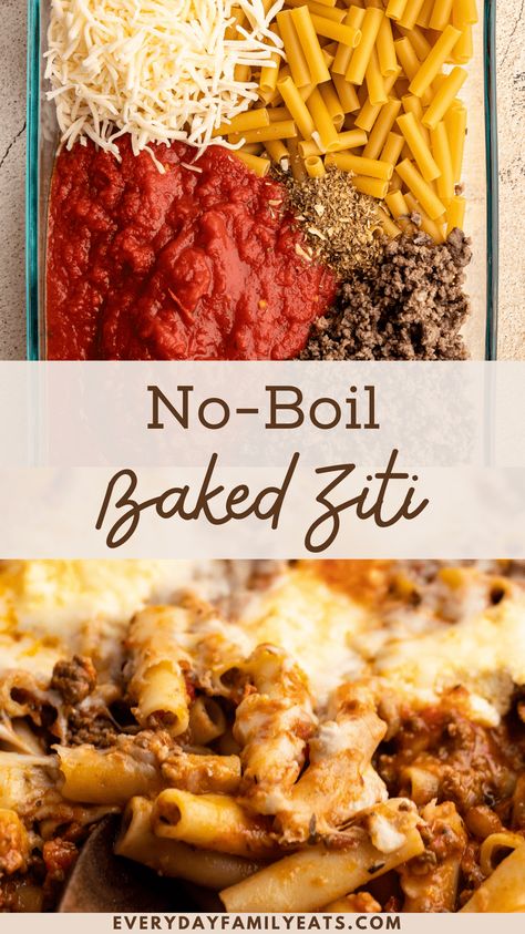 This No Boil Baked Ziti has a classic taste, with marinara, ground beef and three types of cheese all baked up together, but with a streamlined process that'll make getting this beloved pasta dish on the table fast. Baked Ziti No Boil Pasta, Baked Ziti With Ground Beef Without Ricotta, Feed A Crowd Cheap Lunch, Cheap Baked Ziti, Simple Pasta Casserole Recipes, Baked Ziti With Ground Beef Sour Cream, Baked Ziti No Ricotta Cheese, No Boil Baked Ziti, Baked Ziti For 50 People