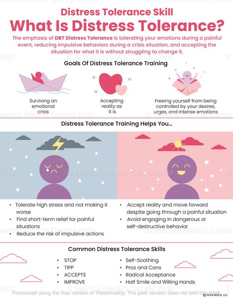 : Learn how to manage difficult emotions and cope with stress. #DBT #DistressToleranceSkills Distress Tolerance Activities, Accept Reality, Distress Tolerance Skills, Dbt Therapy, Distress Tolerance, Intense Emotions, Dbt Skills, Mental Health Center, Dialectical Behavior Therapy