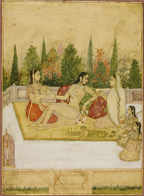 gouache heightened with gold on paper, laid down on an album page with outer margins flecked with gold, reverse with a Persian quatrain in black nasta'liq script, signed 'Mir 'Ali', with polychrome floral cornerpieces Indian Miniatures, Indian Arts, Outdoor Terrace, Mughal Paintings, Asian Painting, Indian Painting, Tanjore Painting, Ancient India, Indian Paintings