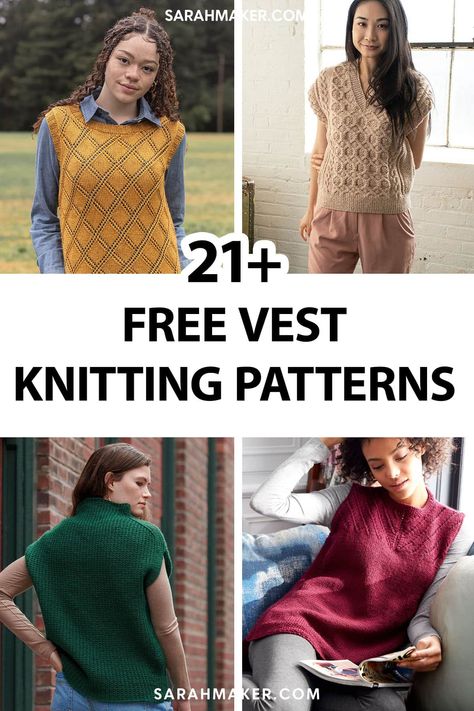 Knitted vests are versatile layering pieces that you can wear year-round. From breezy summer vests to fitted fall layers, it's hard to find an occasion when a vest isn't a great option. And the best part is, they're relatively easy to make! Here are 21 free vest knitting patterns for everyone, from beginners to expert knitters. Happy knitting! Vest Knitting Patterns For Women, Knitted Vest Patterns Free For Women, Vest Knitting Patterns, Knit Vest Pattern Women, Knit Vest Pattern Free, Vest Patterns, Patons Classic Wool, Free Knitting Patterns For Women, Knitted Vests