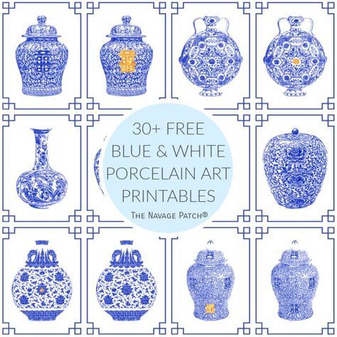 These free Blue & White Porcelain Art Printables look every bit as good as the real thing! All you need is a little wall space, and you can create your own stunning collection! It's no Botanical Prints Free, The Navage Patch, Navage Patch, Coastal Paint Colors, Blue And White Art, Blue White Porcelain, Free Vintage Printables, Engineer Prints, Blue White Decor