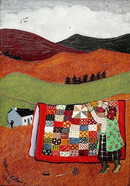 'Lluest yn y mynydd' painting by Valériane Leblond from Llanrhystyd, Wales Valeriane Leblond, Arte Folk, Landscape Quilt, Quilt Modernen, Landscape Quilts, Naive Art, Folk Art Painting, Art Textile, Clothes Line