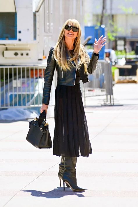 Heidi Klum Goes Monochromatic In All-Black Leather Look With Tall Slouchy Boots for ‘America’s Got Talent’ Slouchy Boots With Dress, Black Slouchy Boots Outfit, Chic Black Calf Leather Boots, Luxury Black Mid-calf Boots Edgy Style, Chic Black High-top Mid-calf Boots, Slouchy Boots Outfit, Western Style Black Wide Calf Mid-calf Boots, Tall Black Boots Outfit, Black Leather Mid-calf Tall Boots