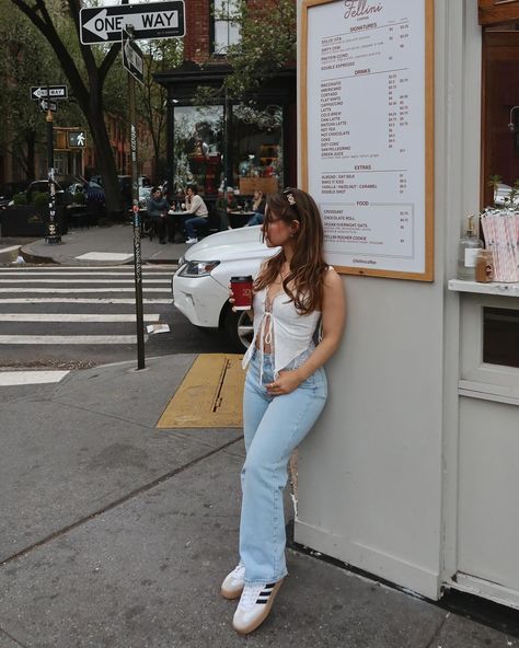 never without a coffee in hand ☕️🤎 outfit details on my @shopmy in bio & story highlights under ‘march links’ 🫶🏻 wearing @lioness_official @abercrombie #afpartner @adidas • spring outfit inspo, spring outfit ideas, adidas sambas outfit, adidas sambae outfit ideas, casual spring outfits, cute spring outfits, #petitefashion #nycfashion #nycfashionblogger #nyccontentcreator #nycstyleblogger #cafeaesthetics #pinterest #pinterestinspired #pinterestaesthetic #pinterestoutfit #pinterestfashion ... Outfits With Sambas White, Spring Samba Outfit, Sambae W Outfit, Samba White Outfit, Samba Outfits Women White, Summer Outfits Adidas Samba, Adidas Samba Outfit, Samba Outfit, Cute Spring Outfits