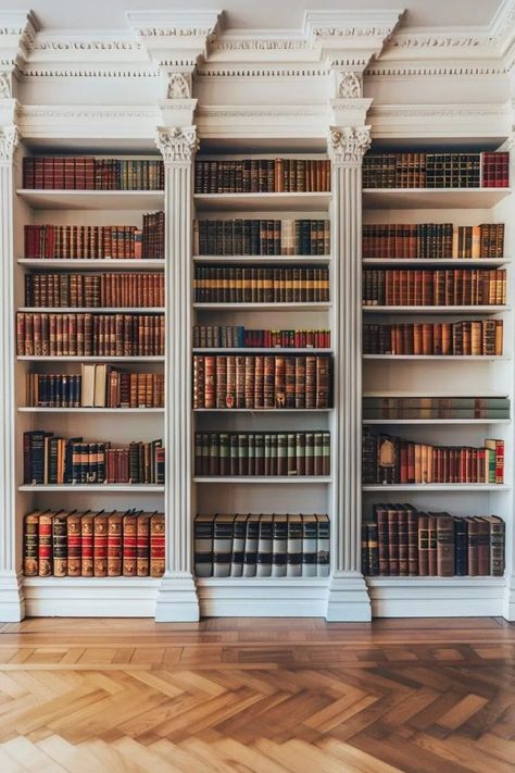 Built In Bookshelves Crown Molding, Molding Bedroom, Crown Molding Ideas, Elegant Library, In Home Library, Home Library Ideas, Fireplace Bookcase, Dining Room Library, Built In Bookshelves