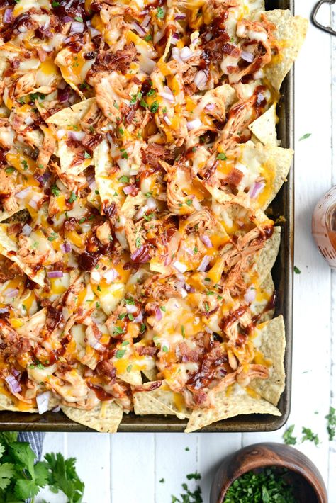 Sheet Pan BBQ Chicken Nachos l SimplyScratch.com (10) Baked Chicken Nachos Oven, Pulled Chicken Nachos Bbq, Nacho Ideas, Pulled Chicken Nachos, Sheet Pan Bbq Chicken, Pan Bbq Chicken, Nachos Chicken, Bbq Nachos, Bbq Chicken Nachos