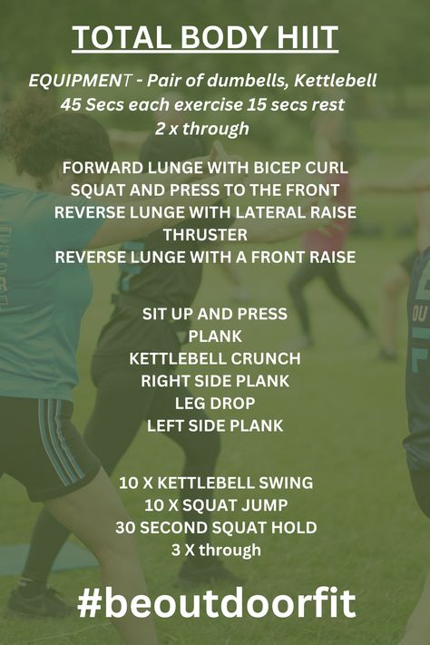 For this workout you will need a pair of dumbells and a kettlebell. This a whole body workout taking approx. 30 mins, enjoy! Total Body Hiit Workout, Whole Body Workout, Squat Hold, Whole Body Workouts, Front Raises, Lateral Raises, Kettlebell Swings, Side Plank, Reverse Lunges