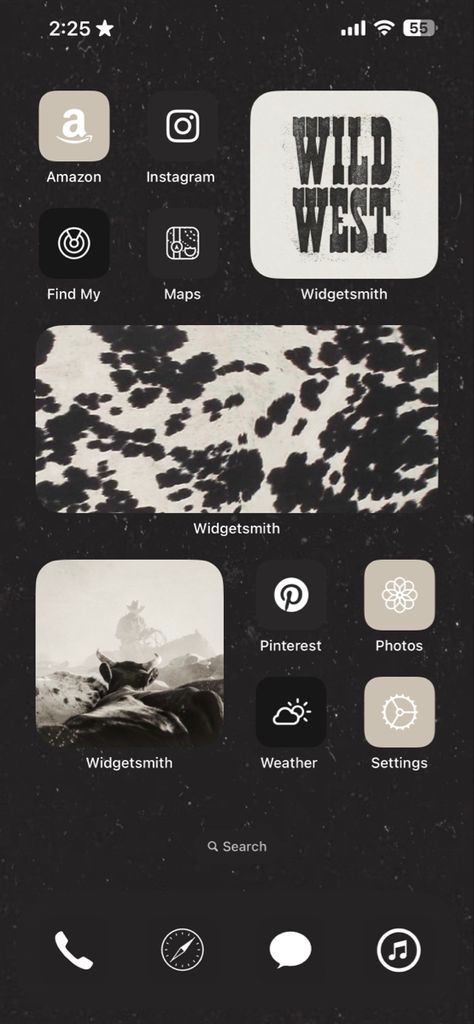 Dark wallpaper with lighter western widgets. Western style Home Screen layout. Western Home Screen Aesthetic, Western Snapchat Emojis, Western Phone Layout, Western Iphone Theme, Home Screen Wallpapers Western, Western Aesthetic Home Screen, Western Phone Theme Ideas, Western Home Screen Wallpaper, Western Iphone Layout