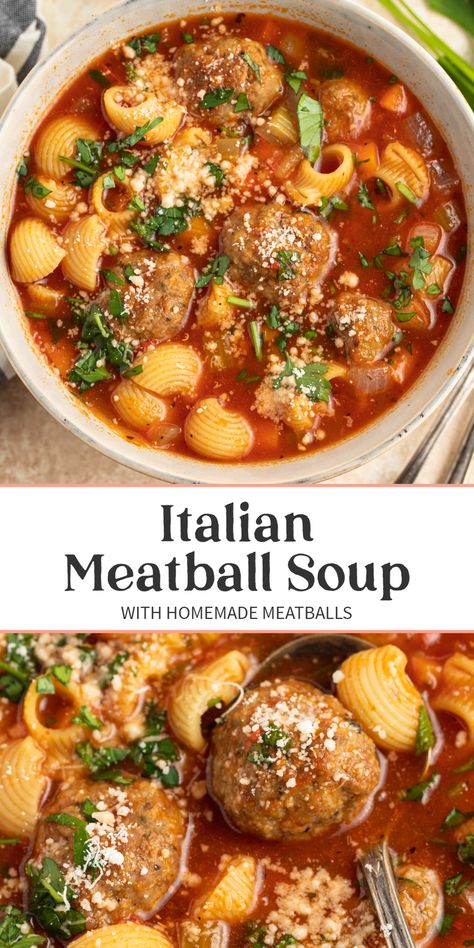 Incredible Italian meatball soup takes homemade Italian meatballs and combines them with tender pasta, fresh veggies, and a flavorful tomato broth for a hearty, satisfying soup that's super easy to make. Great for cooler weather and busy evenings. Italian Meatball Tortellini Soup, Mini Meatball Soup Recipes, Italian Meatball Soup, Homemade Italian Meatballs, Meatball Soup Recipes, Pasta Fresh, Italian Meatball, Fall Soup, Homemade Soup Recipe