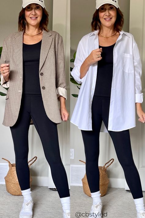 Leggings Trainers Outfit, Professional Outfit Leggings, Leggings With Shirt Outfit Ideas, Legging Professional Outfit, Bootcut Leggings Outfit Summer, Long Shirt And Leggings Outfit, Shirts And Leggings Outfit, Black Leggings Spring Outfit, Smart Casual Leggings Outfit