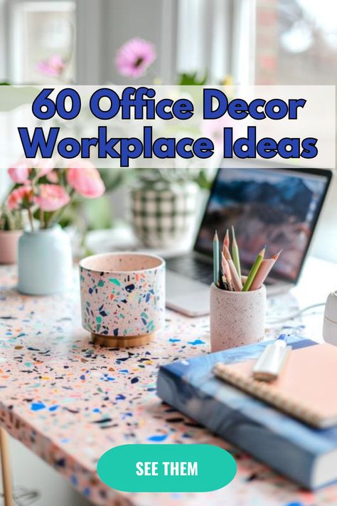 DIY Terrazzo Desk Accessories in a Home Office Terrazzo Desk, Office Decor Workplace, Diy Terrazzo, Creative Office Decor, Modern Home Offices, Home Studio Setup, Small Home Offices, Marble Quartz, Creative Office