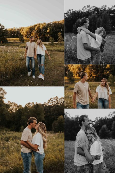 Black Top And Jeans Engagement Photos, Engagement Pictures Mens Outfit, Fall Engagement Shoot Outfit Ideas, Neutral Color Engagement Outfits, Couples Field Photoshoot Outfits, Couples Photoshoot Style Guide, Black Shirt Engagement Pictures, Engagement Photos Outfit Inspiration, Summer Engagement Outfit Ideas