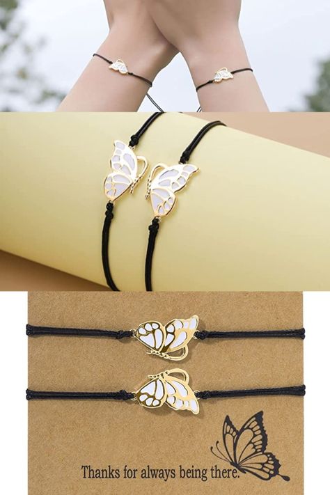 ❤️【Friend Forever】friendship gifts for women friends meant to be in each other's lives! perfect gift to let your best friends/sisters know how grateful you are to have them. ❤️【Best Friend Braclet Size】BFF friend bracelet is approx. 22cm / 8.6in in length and tied with sliding knots so should fit ALL WRISTS. ❤️【Materials】These adjustable matching bracelet for best friends are handmade using double 1mm thick black smooth waxed cord, and finished off with exquisite charm. Matching Accessories Best Friends, Affordable Bracelet For Best Friend Gift, Cute Adjustable Bracelets For Best Friend Gift, Cute Adjustable Friendship Bracelets For Best Friend Gift, Adjustable Casual Friendship Bracelets Best Friend Gift, Cheap Customizable Bracelets For Best Friend Gift, Bff Long Distance, 2 Bff, Butterfly Bracelets