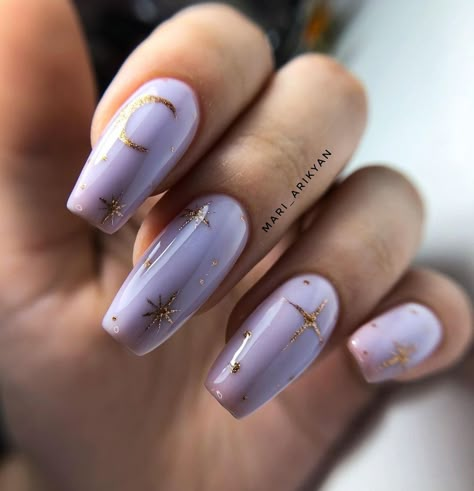 Purple Sun And Moon Nails, Taurus Season Nails, Cute Witchy Nails, Witchy Nails Coffin, Witchy Manicure, Celestial Nails Acrylic, Moon And Stars Nail Art, Aquarius Nail Art, Purple Witchy Nails