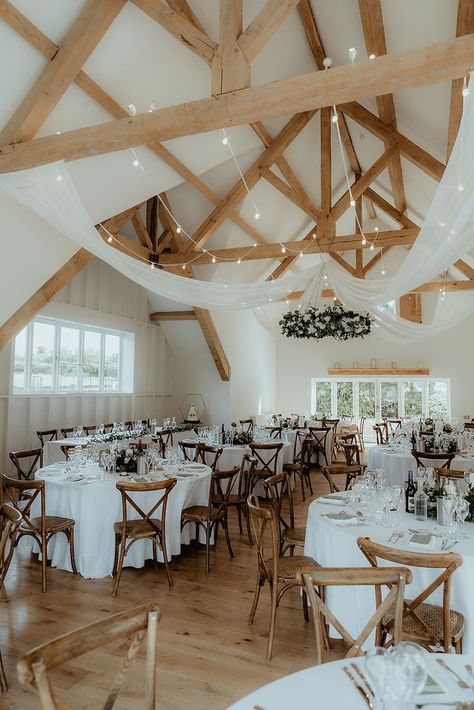 Hyde House, Breakfast Inspiration, Festoon Lights, Cotswolds Wedding, Crossback Chairs, Floral Chandelier, Linen Drapes, Wedding Barn, Round Tables