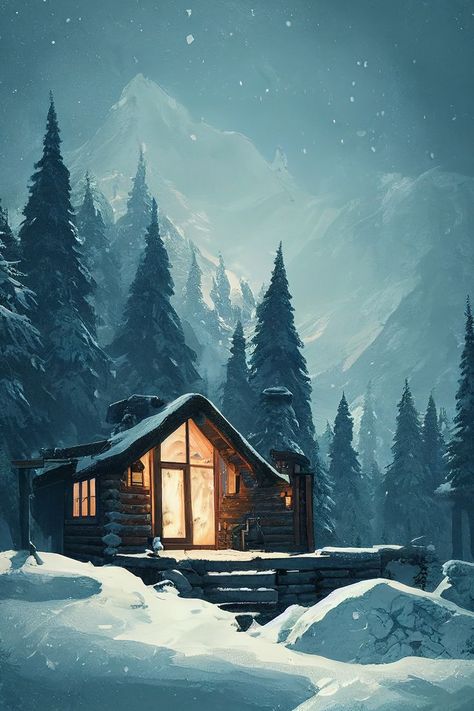 Cozy Winter Cabin in Forest. Snowy mountains in the distance. This is perfect gift for someone who loves camping, hiking, outdoors or nature. This art design is available on multiple products, for example postcards, posters, mugs, phone cases. Check the link! Winter Painting Landscape, Winter Theme Drawings, Christmas Cabin Exterior, Winter House Aesthetic, Snow Drawing Winter, Cozy Winter Painting, Winter Art Aesthetic, Winter Forest Drawing, Cute Winter Art