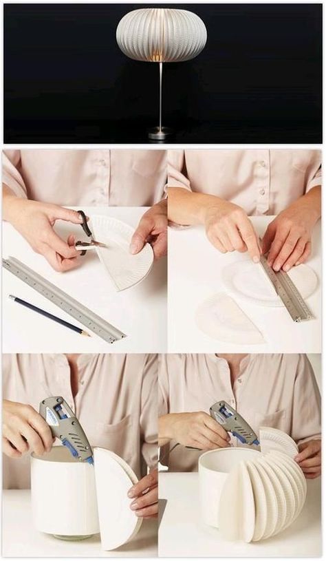 Simple table lamp tutorial, all you need is: paper plate, scissor, glue and a cylindrical lamp shade. Do not forget to read our full DIY guide on Custom La Origami Lamp, Make A Lamp, Vintage Industrial Lighting, Diy Lampe, Deco Luminaire, Rustic Lighting, Diy Lamp, Paper Lanterns, Paper Plates