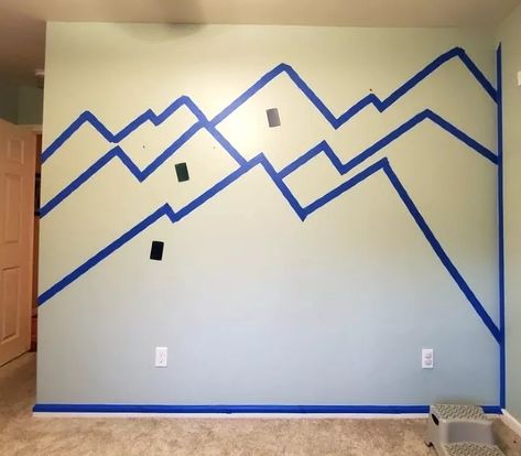 Mountain Mural Kids Room, Painting A Mountain, Diy Mountain Mural, Mountain Wall Painting, Paint A Mountain, Paint A Mural, Mountain Bedroom, Boys Room Mural, Boy Room Paint