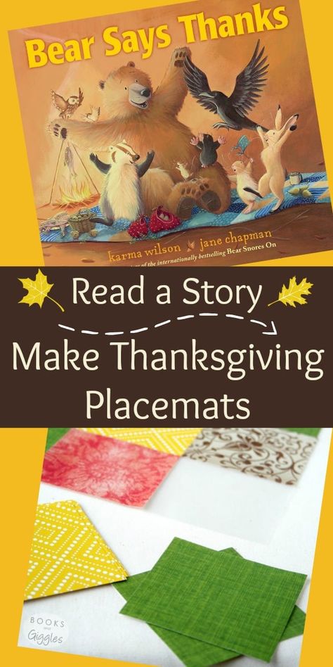 Thanksgiving placemat craft for kids inspired by the book Bear Says Thanks #kidsthanksgivingcraft #booksandgiggles #kidscrafts Preschool Placemats, Thanksgiving Placemats Preschool, Thanksgiving Story, Craft Thanksgiving, Craft For Preschool, Thanksgiving Lessons, Thanksgiving Kindergarten, Thanksgiving Stories, Thanksgiving School