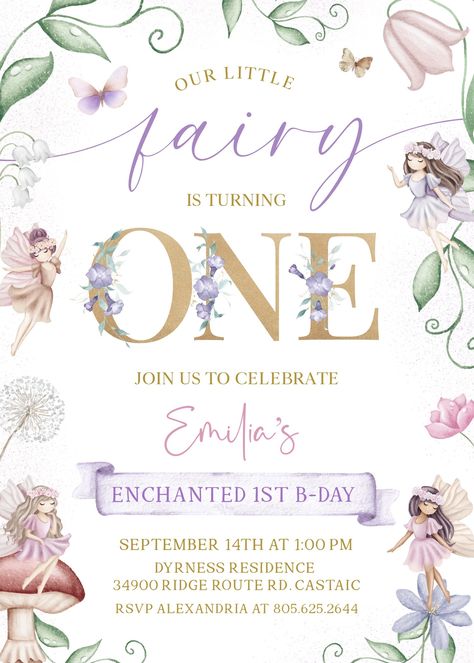 Fairy 1st Birthday Party Ideas, Fairy Birthday Themes, Disney Birthday Card, Enchanted Forest Birthday Party, Enchanted Forest Birthday, Fairy Invitations, Forest Birthday Party, Flower Birthday Party, Fairy Garden Birthday Party