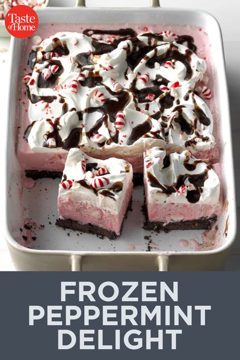 Taste Of Home Frozen Peppermint Delight, Frozen Peppermint Delight, Peppermint Ice Cream Pie With Oreo Crust, Peppermint Oreo Dessert, 8x8 Desserts, Peppermint Ice Cream Dessert, Minty Desserts, Peppermint Desserts, Desserts Holiday