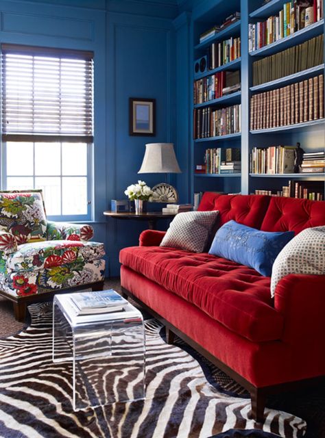 Red and Blue Room Design Ideas - Red and Blue Decor | Apartment Therapy Red Couches, Red Sofa Living, Red Sofa Living Room, Red Couch Living Room, Good Living Room Colors, Red Furniture, Red Living, Red Couch, Living Room Red