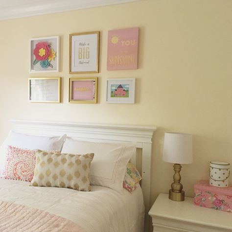 Yellow Girl Bedroom, Pale Yellow Bedroom Ideas, Yellow Kids Room Girl, Girls Yellow Bedroom Ideas, Yellow Toddler Room Girl, Pastel Yellow Walls, Pale Yellow Bedroom, Pale Yellow Bedrooms, Pink And Yellow Bedroom