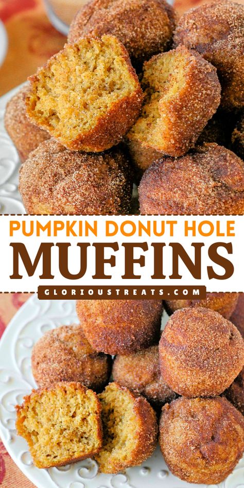 Here's a melt-in-your-mouth fall baking idea! This soft Pumpkin Donut Hole Muffins recipe features fluffy, sweet muffins packed with fall flavors and finished with a cinnamon sugar coating. Serve with a cup of coffee for a simple breakfast with pumpkin! Pumpkins Muffins Easy, Easy Fall Muffin Recipes, Cute Fall Breakfast Ideas, Pumpkin Pancake Muffins, Breakfast Muffins Pumpkin, Chocolate Doughnut Muffins, 1 Cup Of Pumpkin Recipes, Quick Pumpkin Muffins, Punkin Muffins Recipe Easy