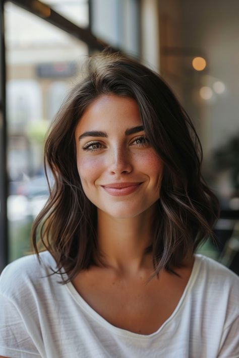 Dark Academia Bob Hair, Bobs For Thick Straight Hair, Medium Hair Styles For Women Straight, Haircut Collarbone Length, Shoulder Length Hair Middle Aged Women, Short Darker Hair, Medium Bob Haircut For Round Face Plus Size Wavy Lob, Medium Hair Fine Straight, Medium Hairstyle Women Wavy Hair