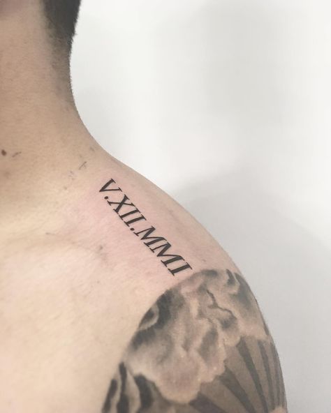 Shoulder Date Tattoo, Roman Numeral Trap Tattoo, Roman Shoulder Tattoo, Roman Numeral Tattoo Men Shoulder, Roman Numeral Tattoo Men, Roman Numeral 4, Trap Tattoo, Twist Hair Men, Roman Tattoo